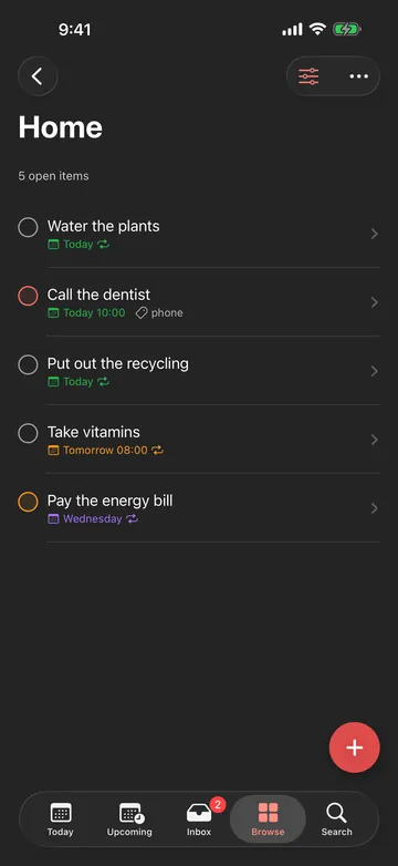 The project Home with five open tasks.