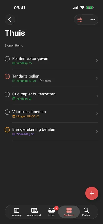 Het project Thuis met vijf openstaande taken.