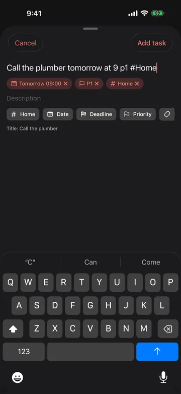 Quick add with the sentence "Call the plumber tomorrow at 9 p1 #Home" and what it recognised: tomorrow 09:00, P1 and the project Home.