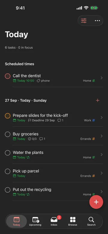 DoeToch on iPhone in dark mode: the Today list with six tasks.