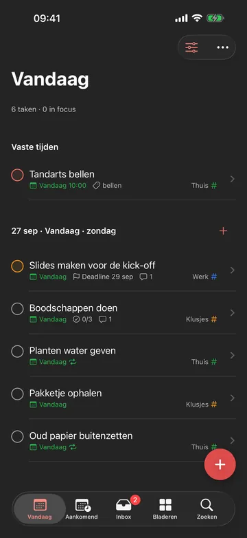 DoeToch op de iPhone in donkere modus: de lijst Vandaag met zes taken.
