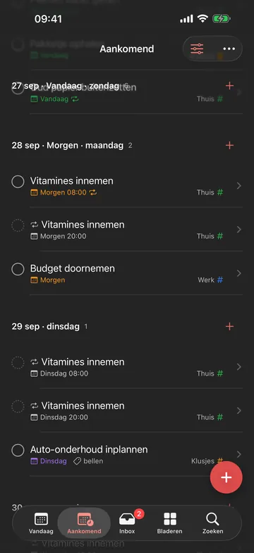 Aankomend: de taken per dag voor de komende dagen, waaronder een taak die twee keer per dag terugkomt.