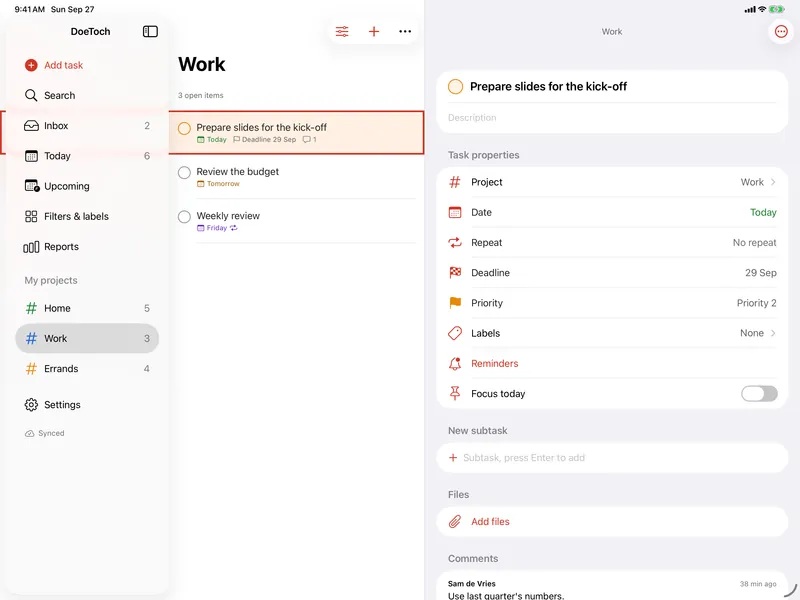 DoeToch on iPad: the project Work with three tasks, and on the right the details of Prepare slides for the kick-off.