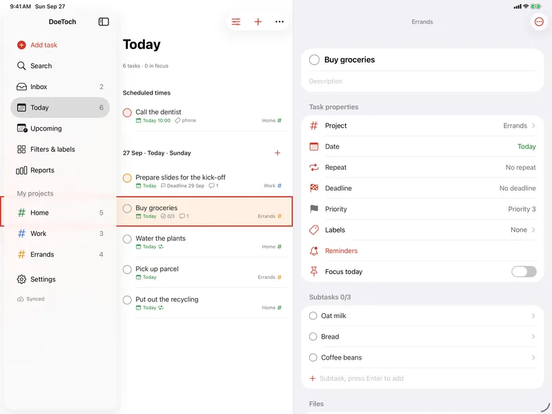 DoeToch on iPad in light mode: the sidebar, the Today list and the details of the task Buy groceries.
