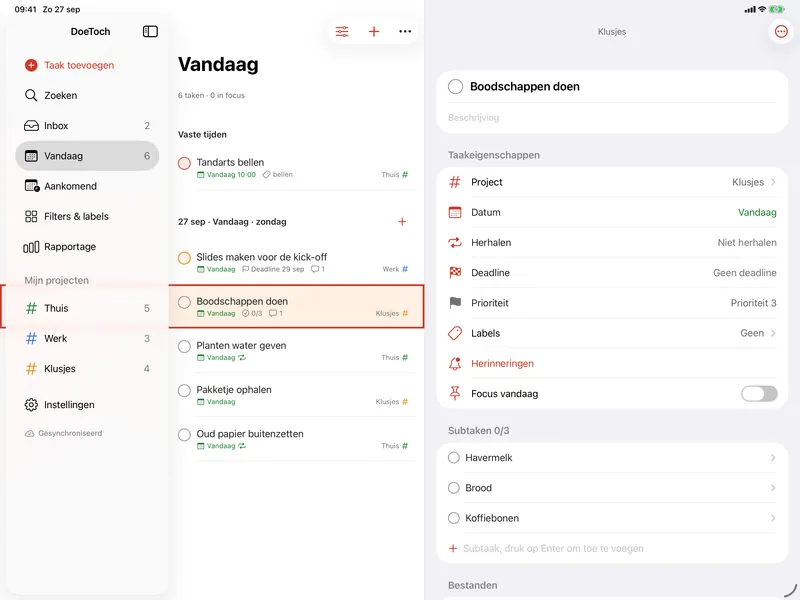 DoeToch op de iPad in lichte modus: de zijbalk, de lijst Vandaag en de details van de taak Boodschappen doen.